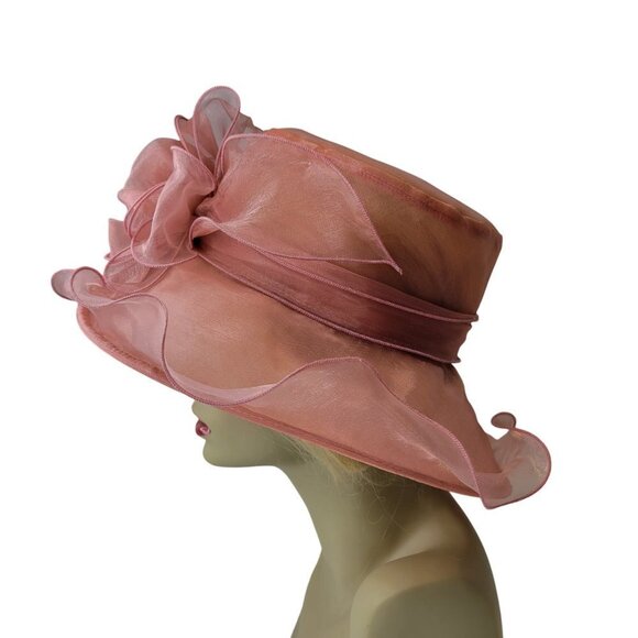 Dusty Rose Dress Hat Pink Organza Packable Ruffles Frilly Wedding Hat - Picture 6 of 15